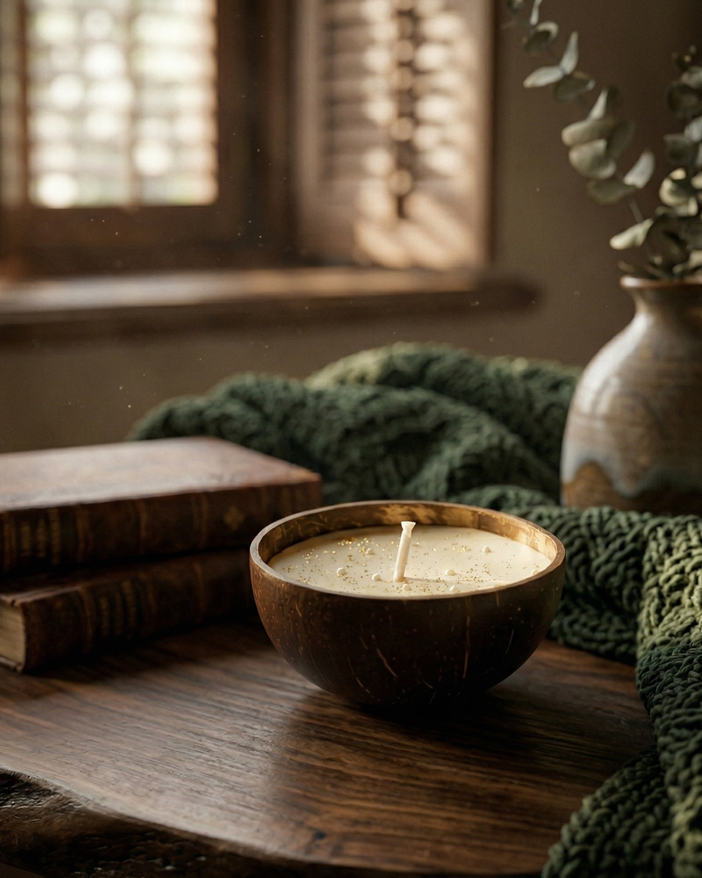 Fragnam Coco Calm Candle with a white ceramic holder and a softly glowing wick, designed for relaxing aromatherapy.