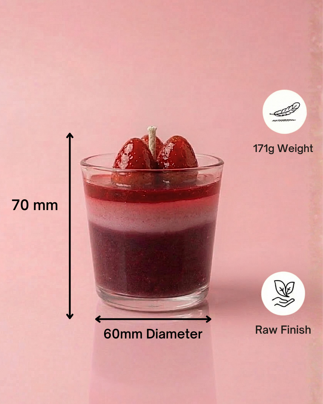 Fragnam Strawberry Charm Candle with a decorative strawberry-shaped charm and soft pink wax, ideal for home decor or gifts.