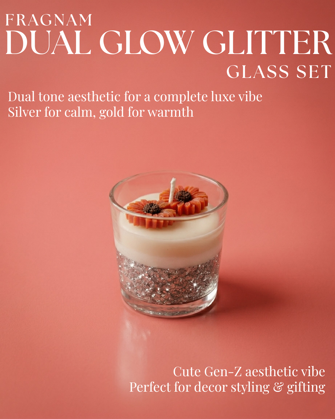 Fragnam Dual Glow Glitter Glass Candle Set featuring two shimmering candles with glitter accents and glass holders.