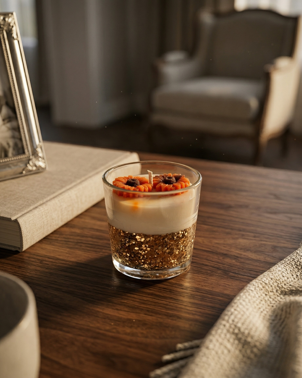 Fragnam Dual Glow Glitter Glass Candle Set featuring two shimmering glass candles with a glitter finish and dual glow effect.