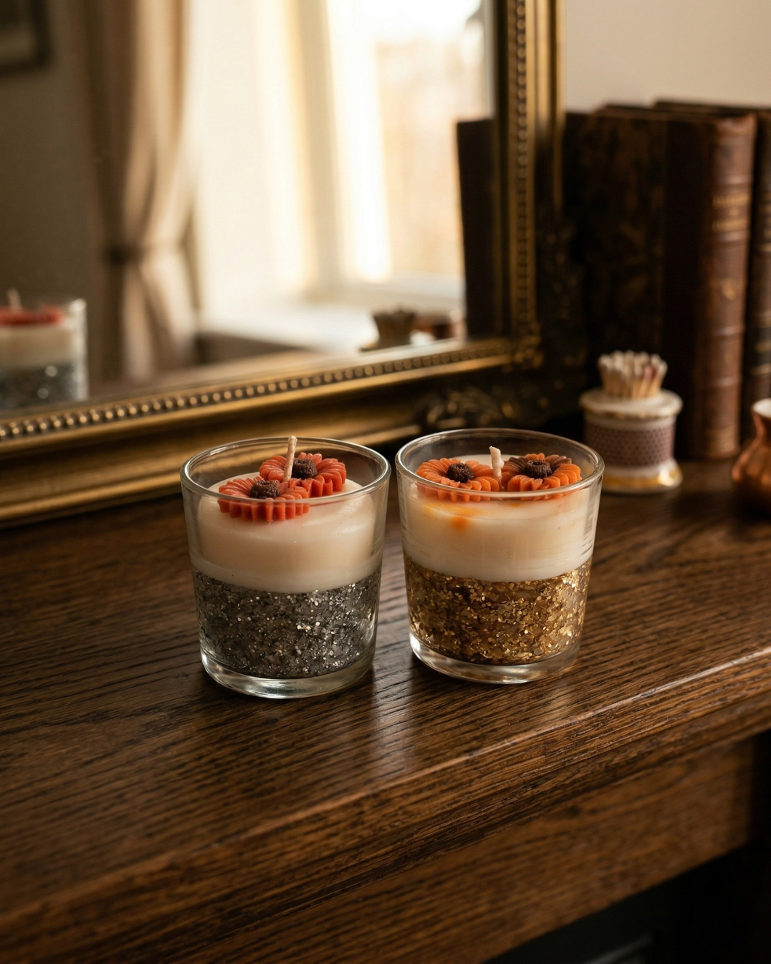 Fragnam Dual Glow Glitter Glass Candle set featuring shimmering glass containers with glowing candle flames.