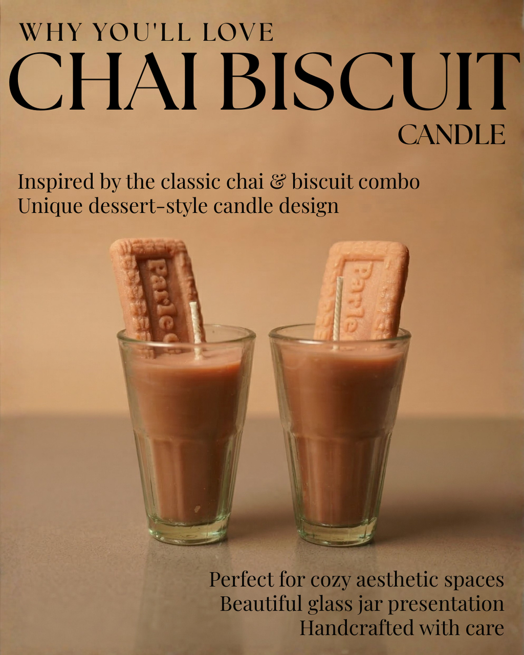 Fragnam Chai Biscuit Candle with a warm, inviting design, showcasing a scented candle in a decorative container.