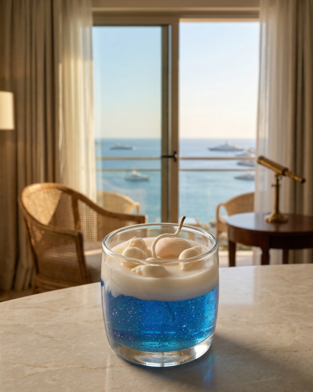 Fragnam Ocean Glass Glow Candle with ocean-inspired design and soft glowing light in a clear glass container