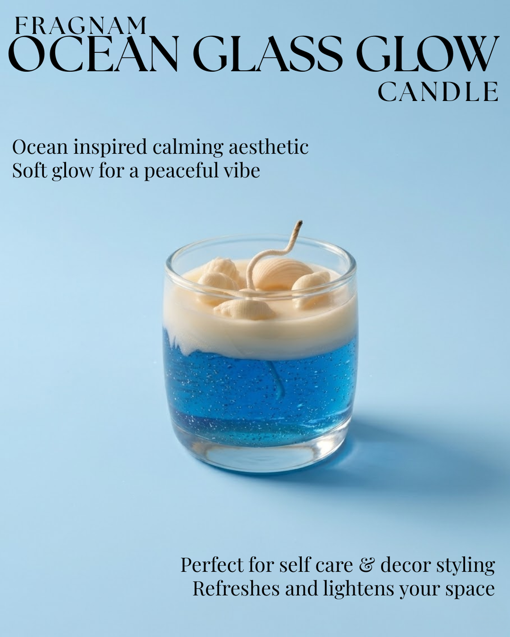 Fragnam Ocean Glass Glow Candle with a clear glass container and flickering flame, creating a calming ocean-inspired ambiance.