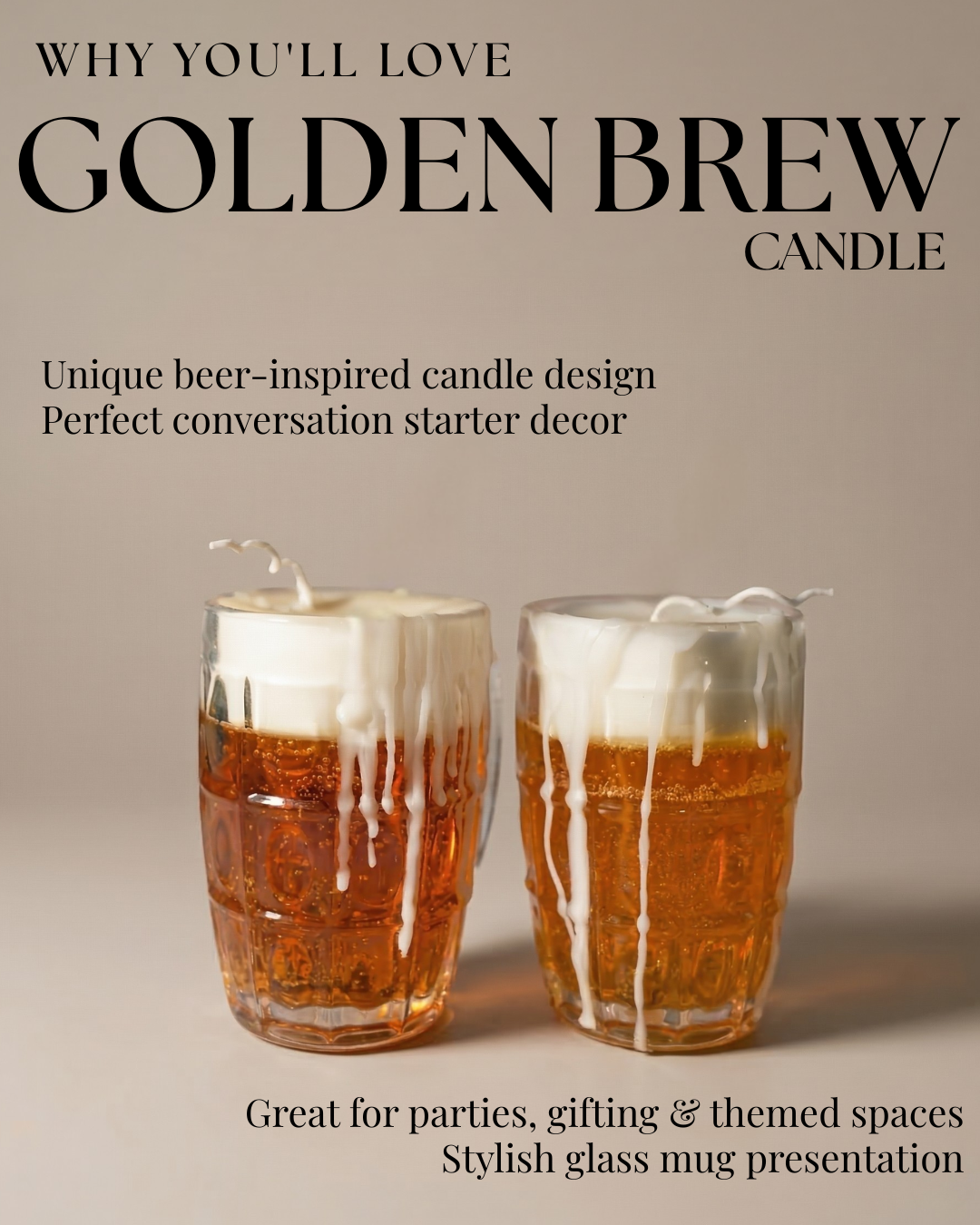 Fragnam Golden Brew candle with a warm, amber-colored glass holder and a lit wick, emitting a cozy, inviting glow