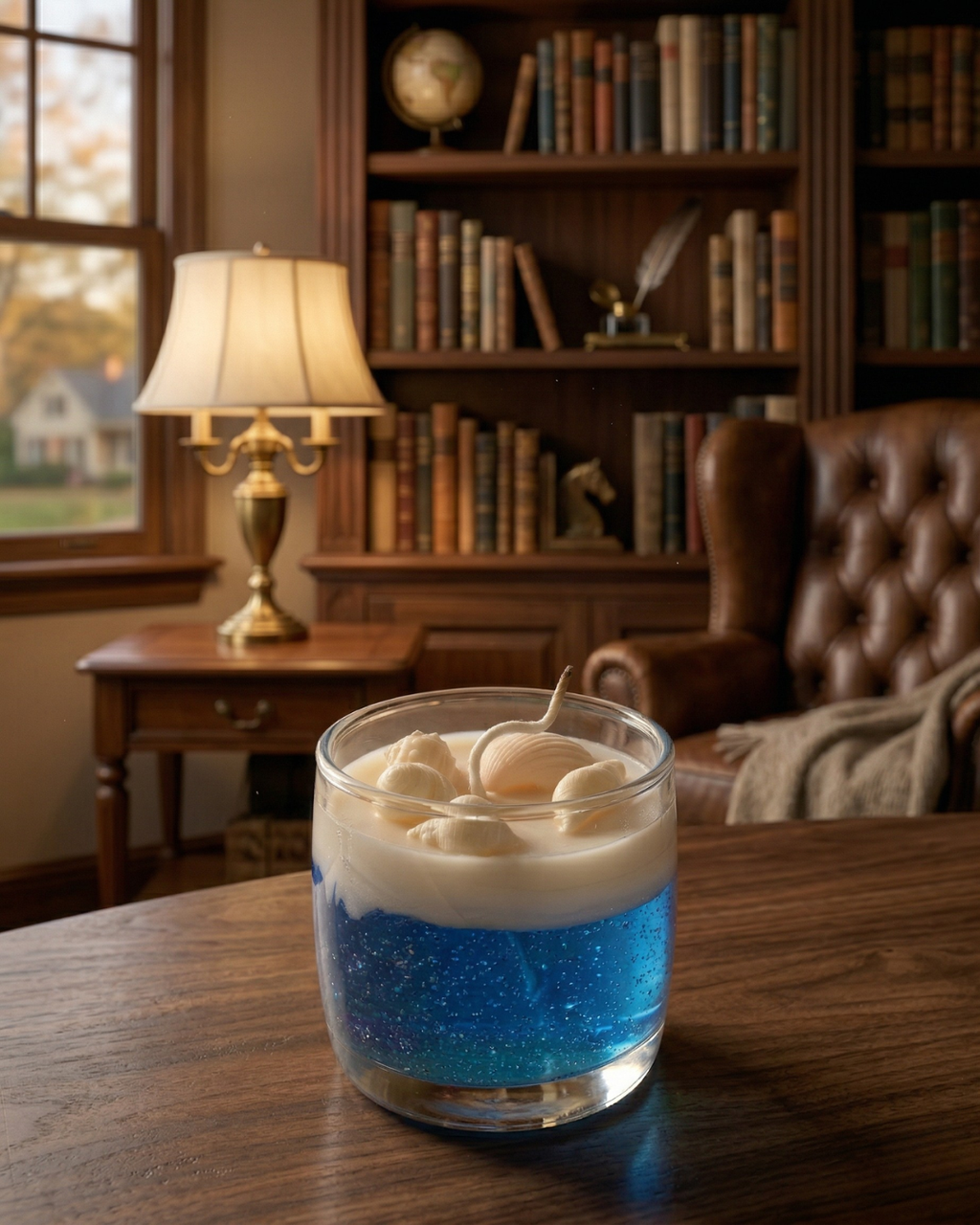 Fragnam Ocean Glass Glow Candle with ocean-inspired design and soft glow in a clear glass container.