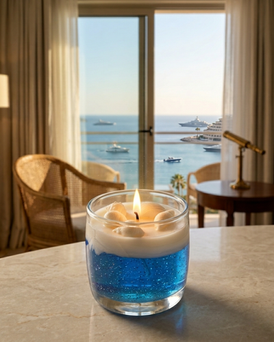 Fragnam Ocean Glass Glow Candle with ocean-inspired design and glowing effect in a clear glass holder.