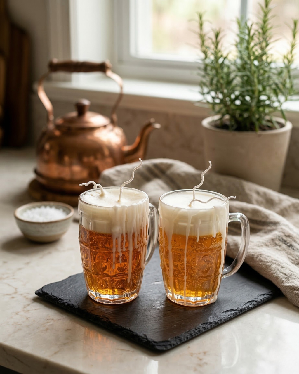 Fragnam Golden Brew Candle with a sleek glass holder, emitting warm, inviting light suitable for cozy home decor.
