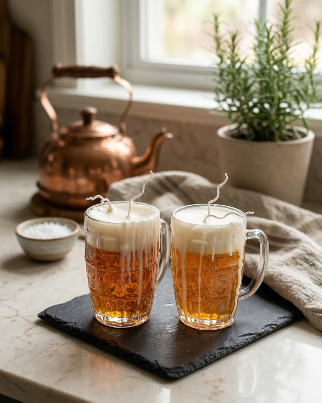 Fragnam Golden Brew Candle with a sleek glass holder, emitting warm, inviting light suitable for cozy home decor.