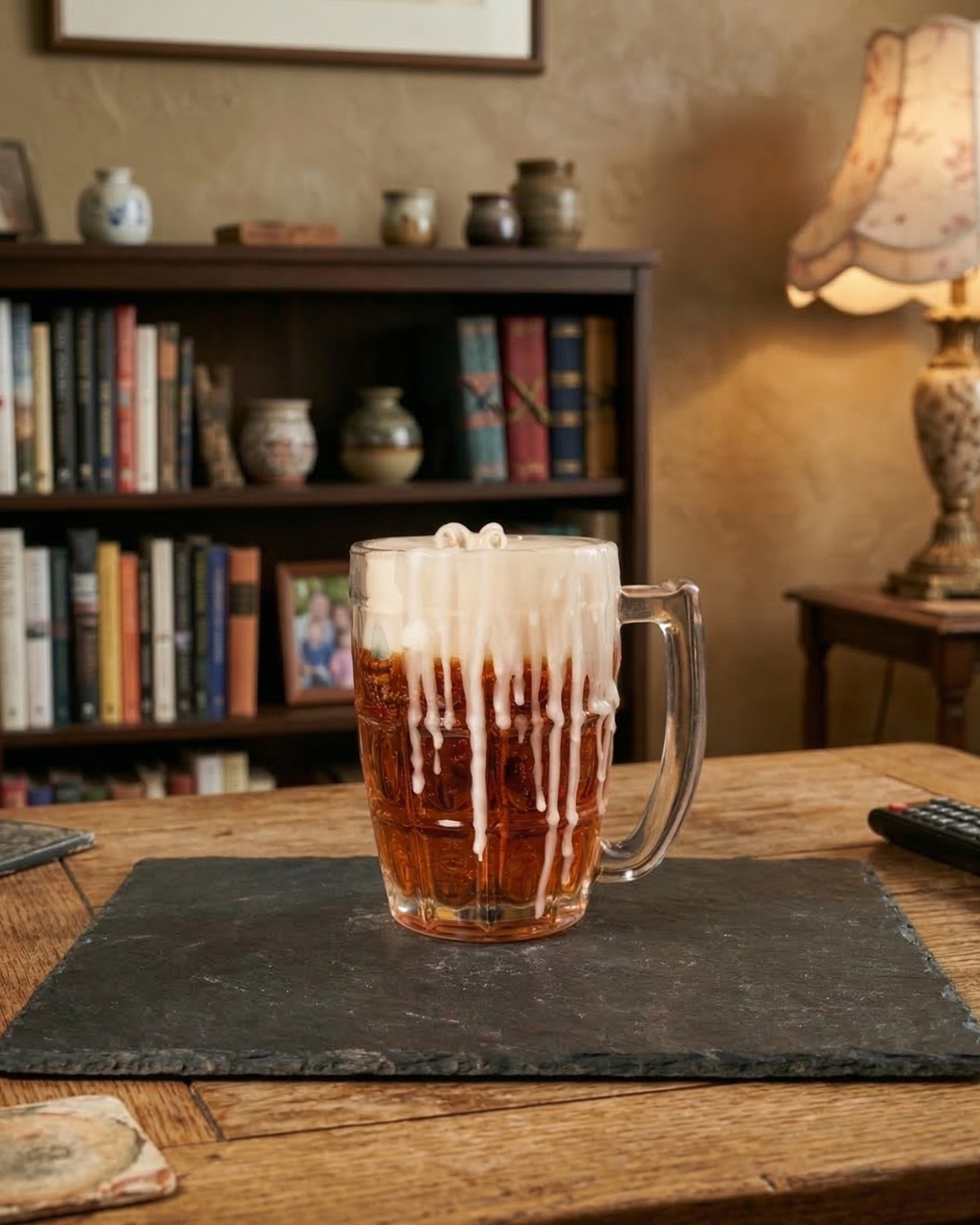 Fragnam Golden Brew Candle with warm amber-colored wax and decorative gold accents, designed for a cozy ambiance.