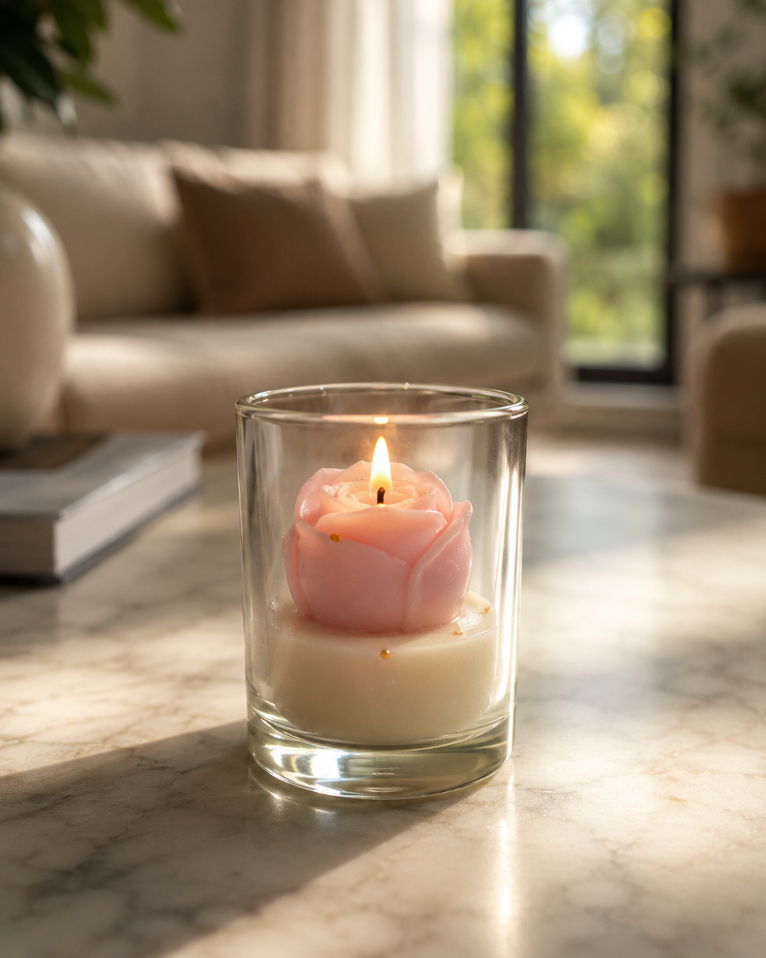 Fragnam Dreamy Rose Candle with soft pink wax and floral label, showcasing an elegant, scented candle for home decor.