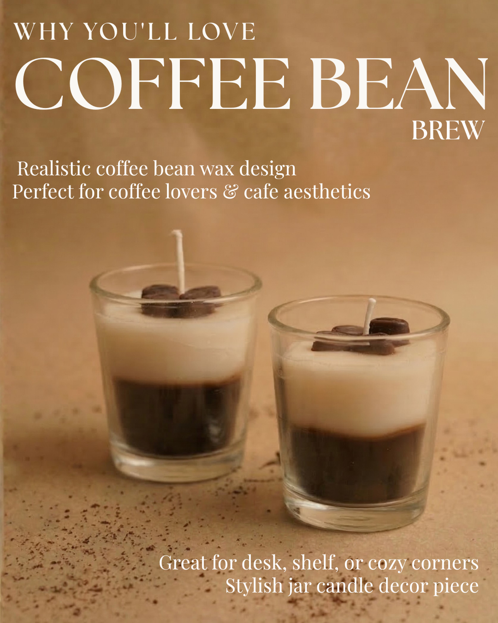 Fragnam Coffee Bean Brew Candle with realistic coffee bean scent and warm candle flame in a clear glass holder.