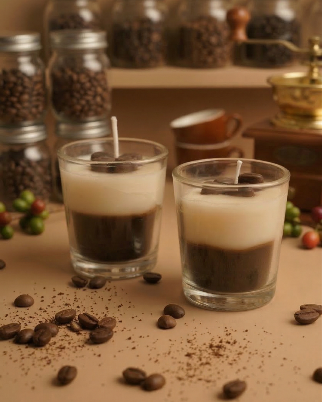 Fragnam Coffee Bean Brew Candle with aromatic coffee scent, featuring coffee beans and a lit wick for cozy ambiance.