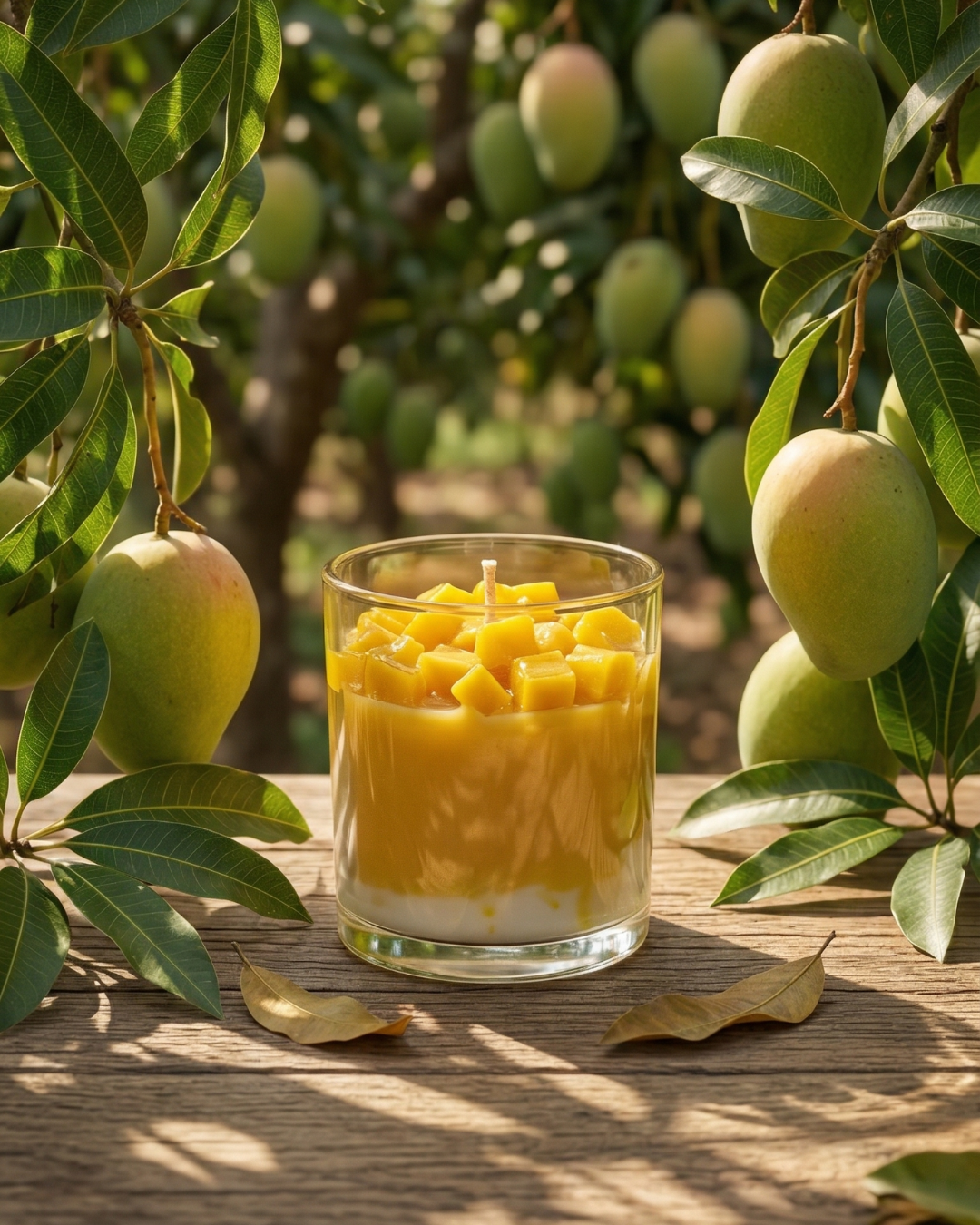 Fragnam Mango Bliss Candle in a glass jar with a mango and tropical fruit scent, decorative label, and white wax interior.