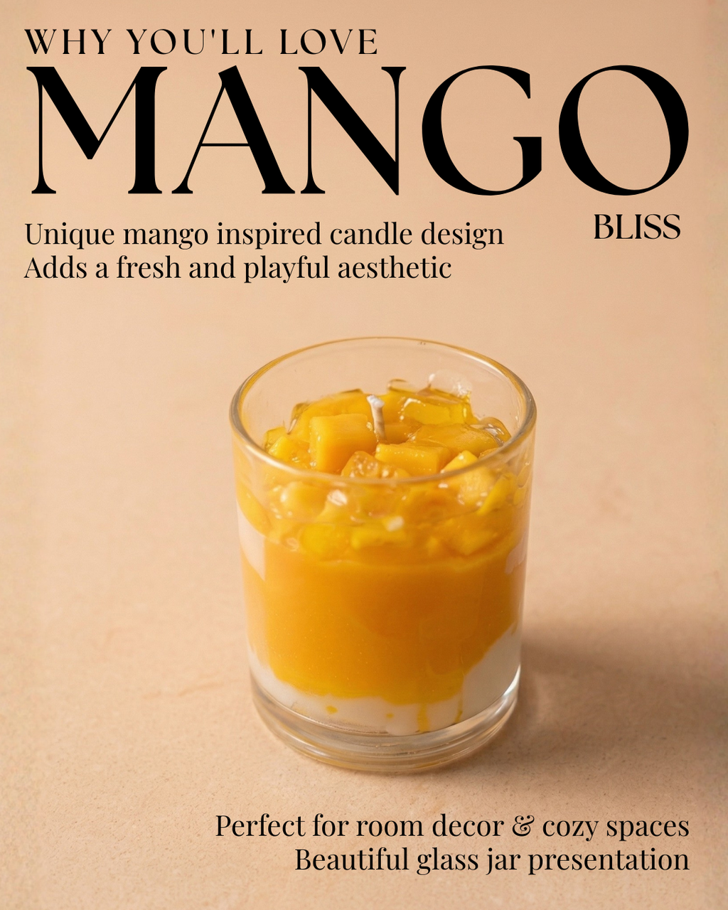 Fragnam Mango Bliss Candle with a glass jar, featuring a bright tropical mango scent and a wick ready to be lit.