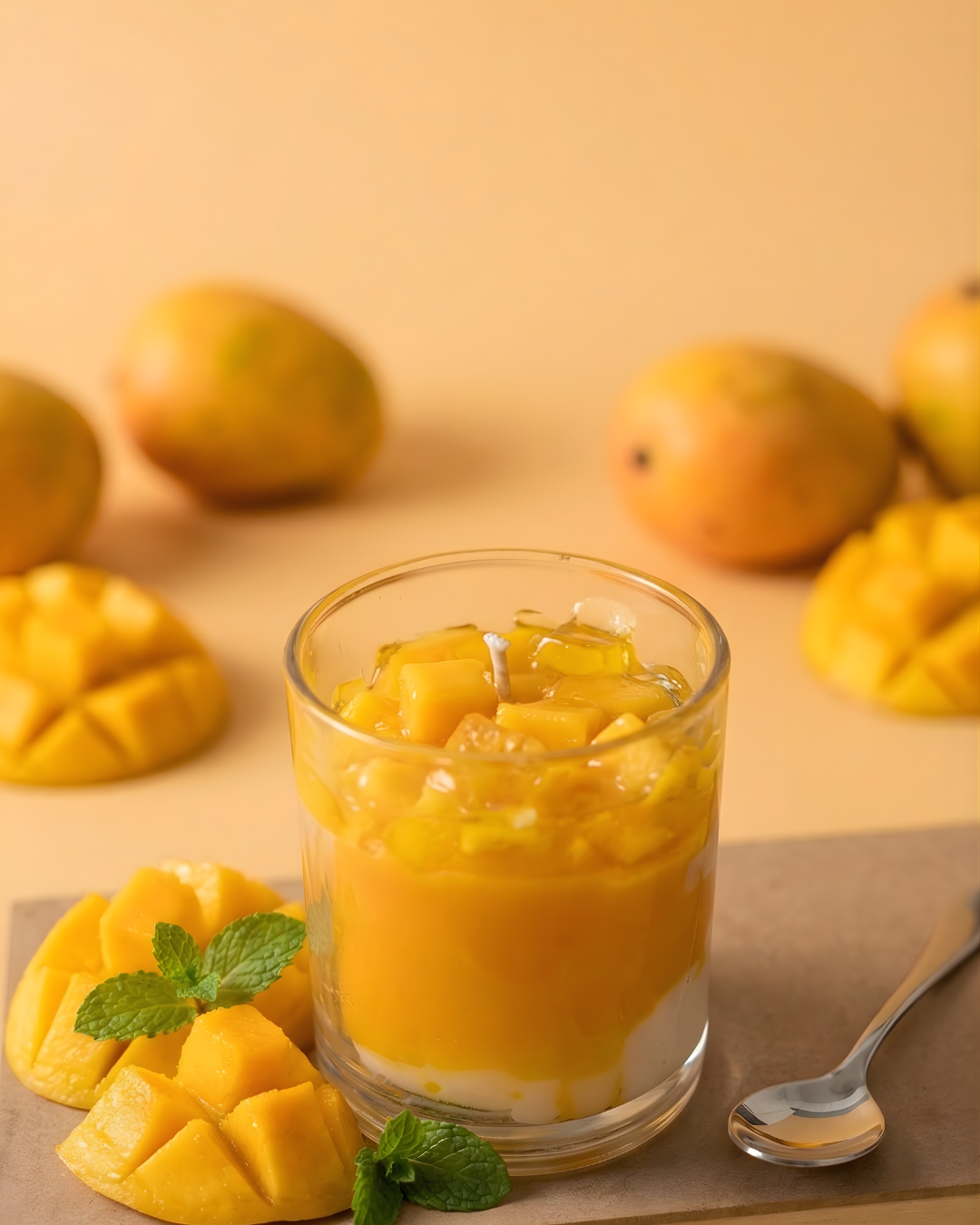 Fragnam Mango Bliss Candle with bright orange and yellow wax in a glass jar, featuring a natural wick and tropical mango scent.