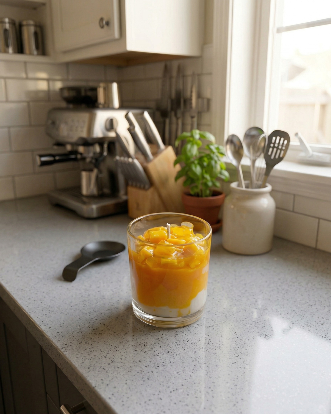 Fragnam Mango Bliss Candle with a glass jar and a fruity mango scent, featuring a lit wick and decorative wrapping.