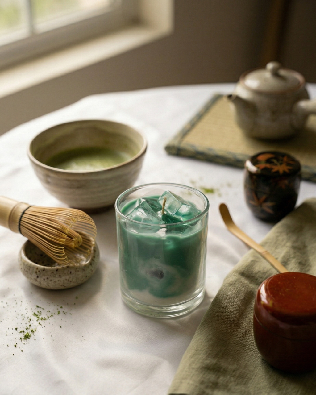 Fragnam Zen Matcha Candle in a glass holder with green matcha tea leaves and a calming, minimalist design.