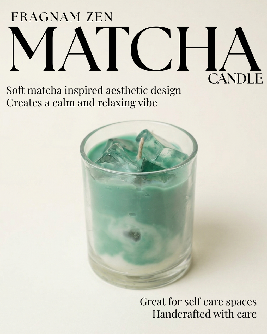 Fragnam Zen Matcha Candle with green matcha powder and candle holder, designed for relaxation and aromatherapy.