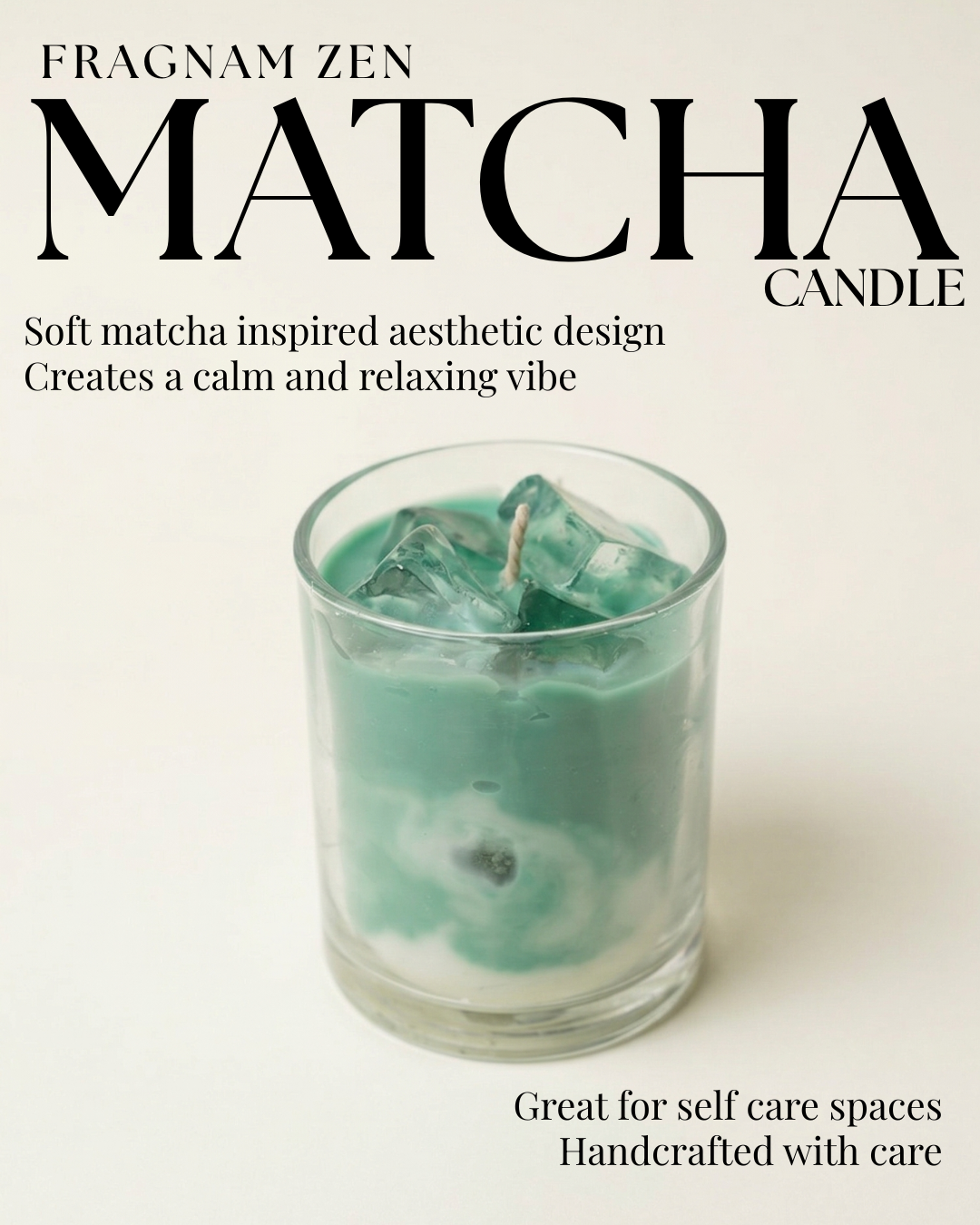 Fragnam Zen Matcha Candle with green matcha powder and candle holder, designed for relaxation and aromatherapy.