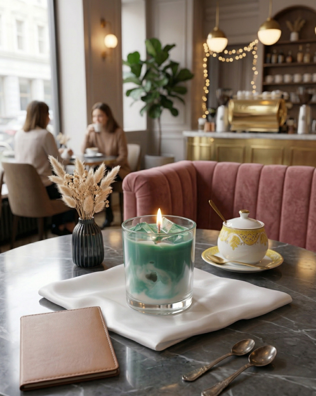 Fragnam Zen Matcha Candle in a glass jar with green matcha tea leaf design, emitting a warm glow.