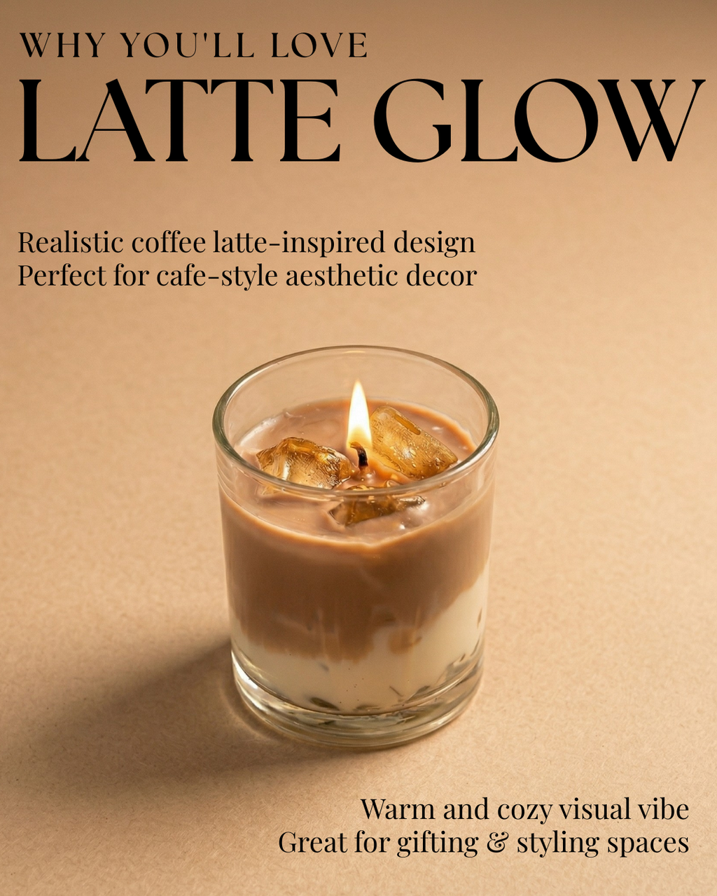 Fragnam Coffee Latte Glow Candle with warm amber and coffee scent in a glass jar, creating a cozy ambiance.