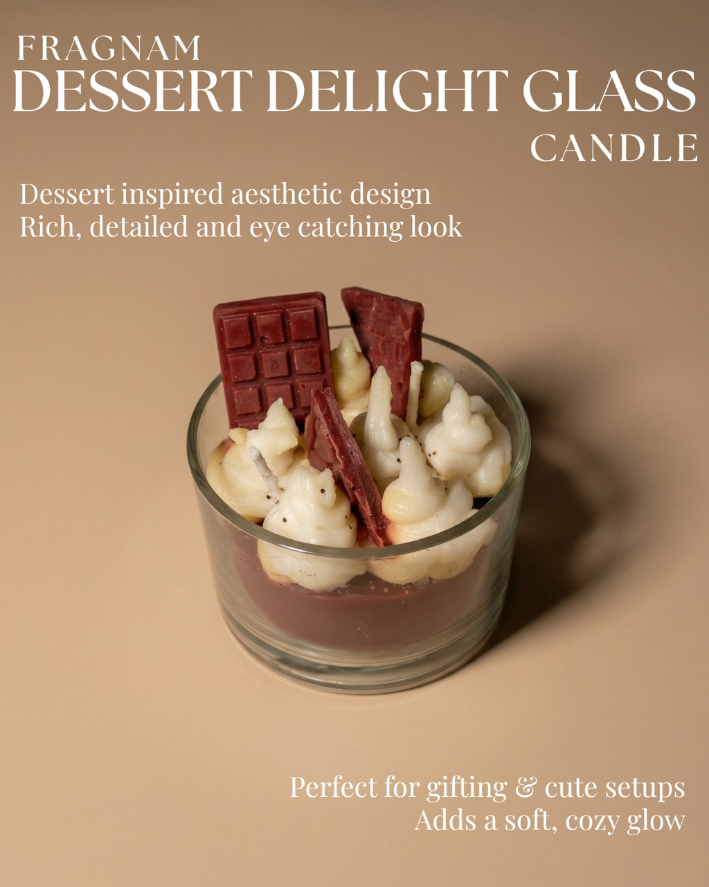 Fragnam Dessert Delight glass candle with a decorative, colorful dessert-themed design and a lit wick, creating a cozy ambiance.