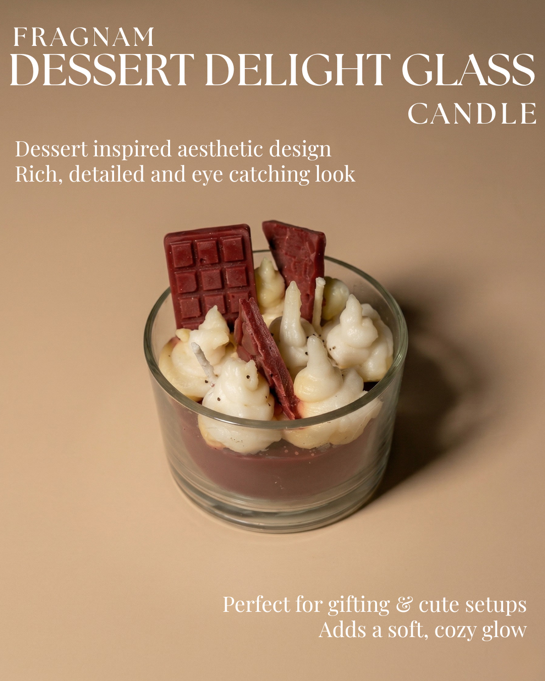 Fragnam Dessert Delight glass candle with a decorative, colorful dessert-themed design and a lit wick, creating a cozy ambiance.
