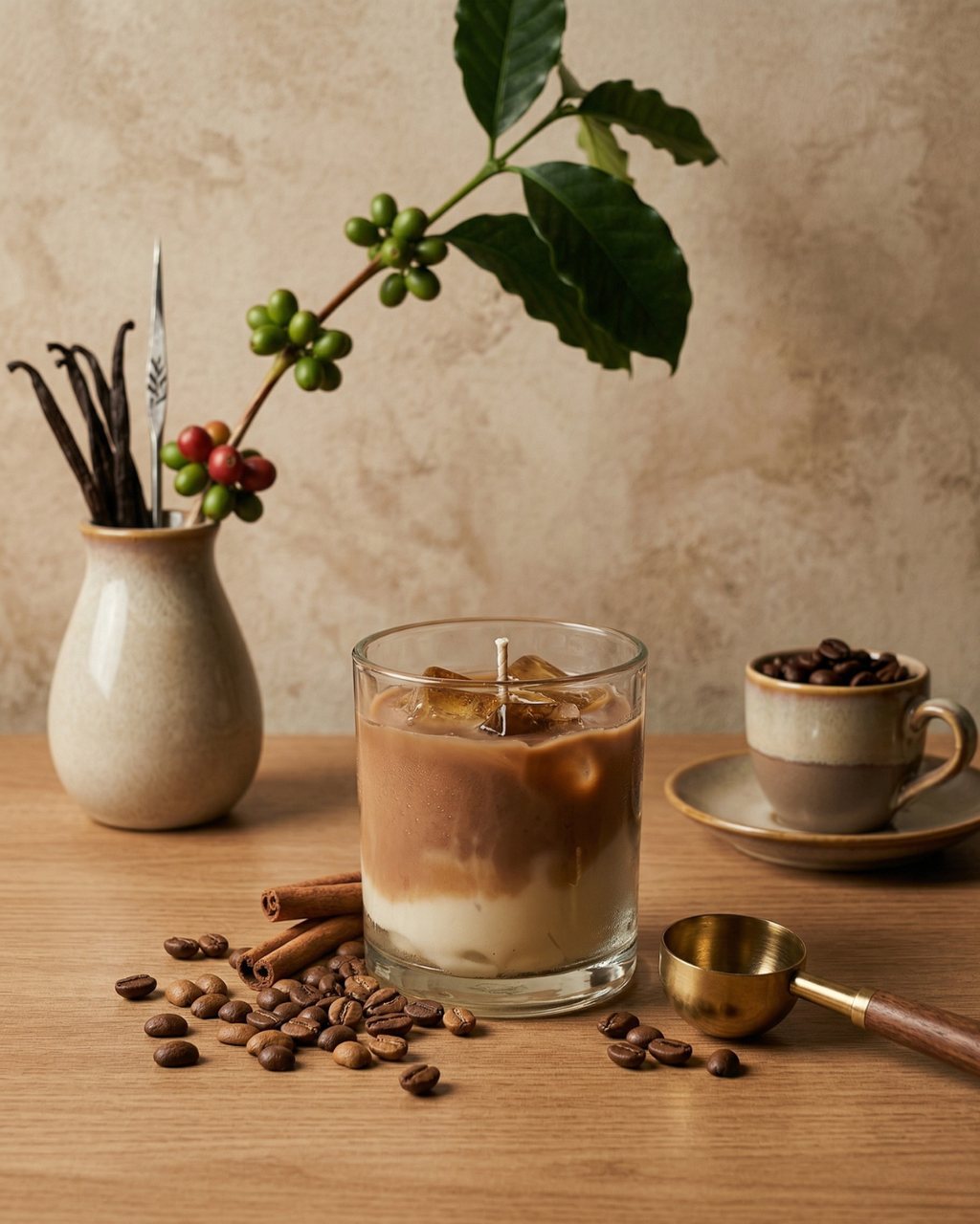 Fragnam Coffee Latte Glow Candle with warm amber wax and a lit wick, creating a cozy ambiance and inviting coffee scent.