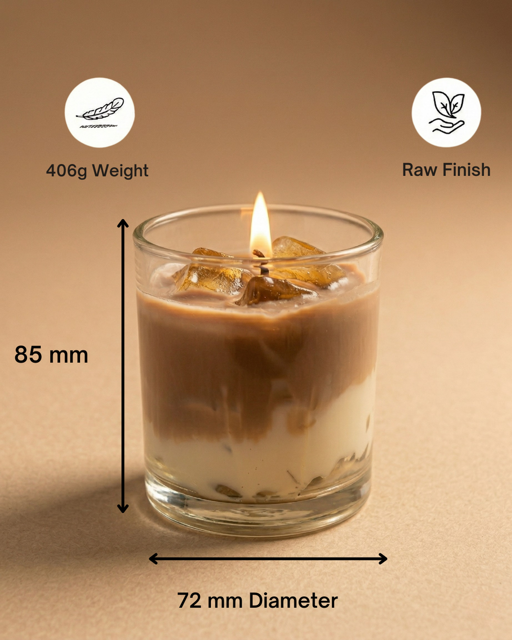 Fragnam Coffee Latte Glow Candle with warm amber glow and coffee scent, in a glass jar with a lit wick on a wooden surface.