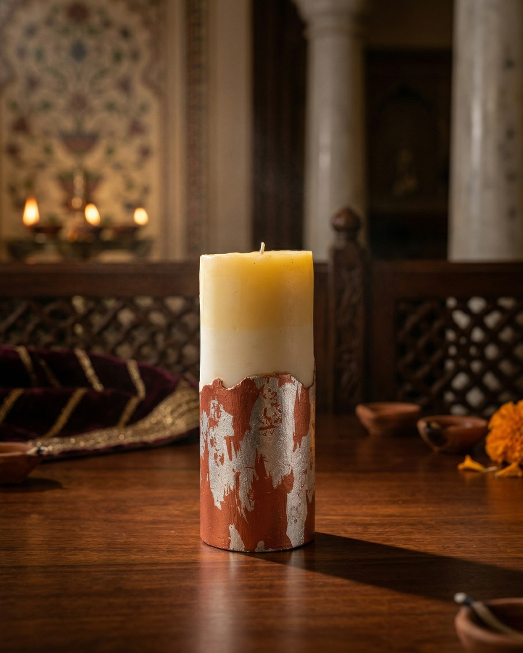 Fragnam Copper Luxe Pillar Candle with a sleek copper finish and elegant design for decorative or ambient lighting.