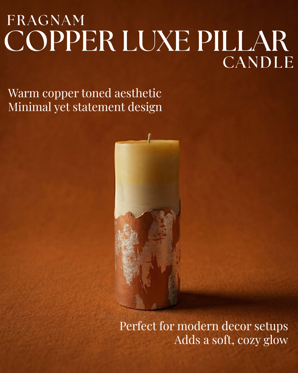 Fragnam Copper Luxe Pillar Candle with a smooth copper finish and elegant cylindrical shape on a neutral surface.