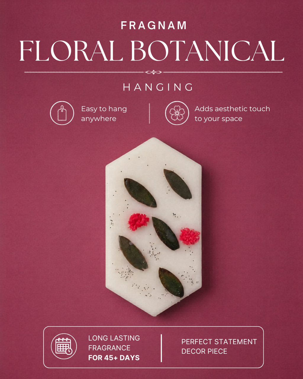 Fragnam floral botanical hanging decor with colorful flower and leaf design on a natural background.