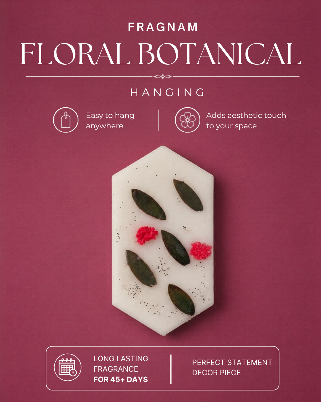 Fragnam floral botanical hanging decor with colorful flower and leaf design on a natural background.