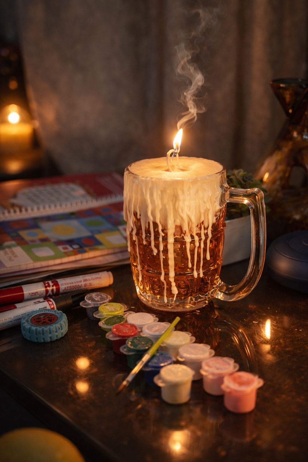 Golden Brew Candle by Fragnam with a warm, amber-colored glass holder and a lit wick, emitting a cozy, inviting glow.
