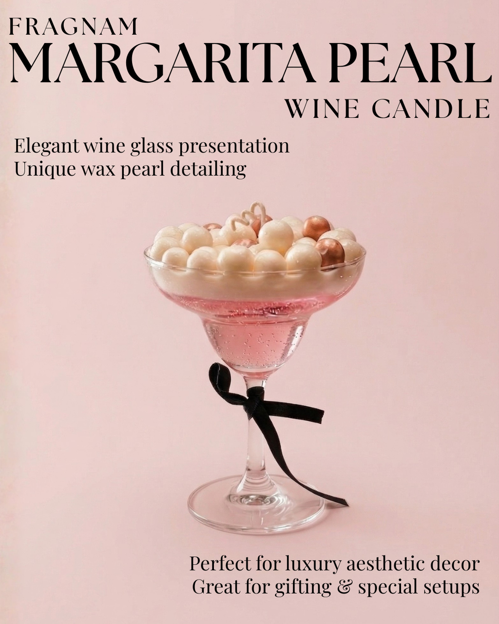 Fragnam Margarita Pearl Wine Candle in a clear wine glass with pearl accents, elegant and decorative for special occasions.