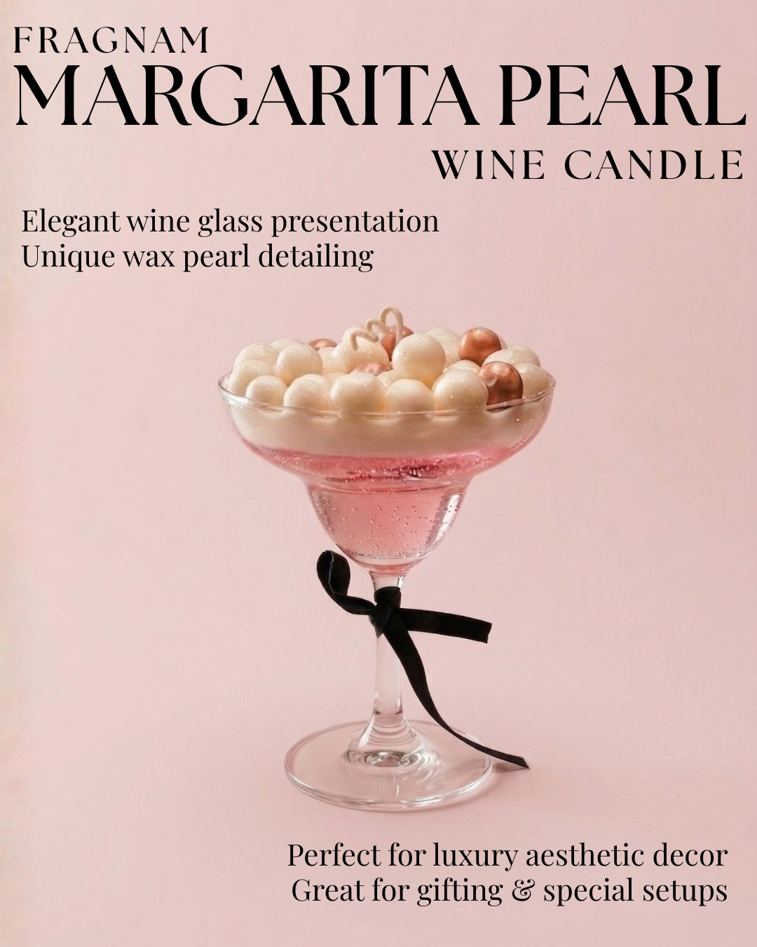 Fragnam Margarita Pearl Wine Candle in a clear wine glass with pearl accents, elegant and decorative for special occasions.