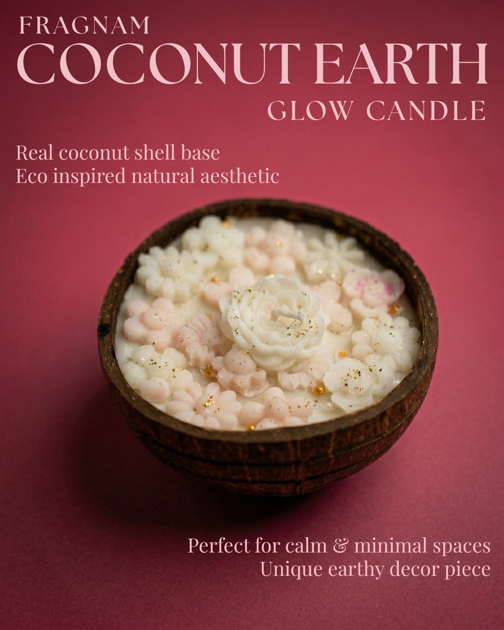 Fragnam Coco Calm Candle in a glass jar with a natural coconut scent and calming ambiance.